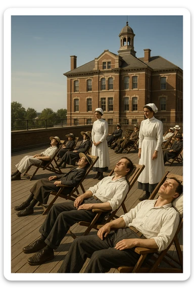 A realistic cinematic image of a hospital rooftop solarium from the 1900s, patients sunbathing under nurse supervision for heliotherapy against tuberculosis and rickets.” sticker