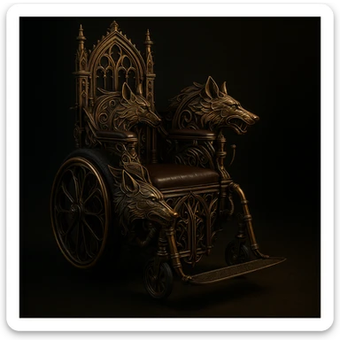 Add a gothic steampunk wolf detail to the wheelchair, keeping brass and iron materials, gothic arches, mechanical embellishments, and a moody atmosphere. The design should reflect a gothic steampunk style with a focus on metalwork and architectural gothic elements. sticker