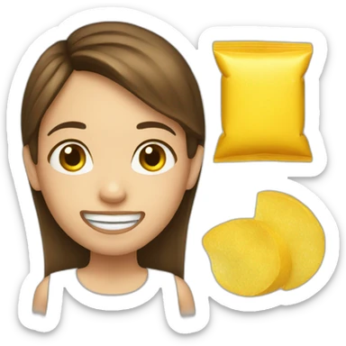 a girl with brown hair with two yellow crisps in place of her 2 front tooth sticker