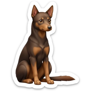 cinematic-[australian kelpie]-realistic-full-body-sitting-emoji,-tail-resting-loosely-beside-its-paws,-head-tilted-dramatically, -sleek-[Brown and tan]-fur,-simplified-yet-realistic-focused-features,-highly-detailed,-glowing-with-an-almost-sarcastic-glow sticker