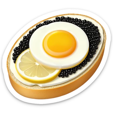 open sandwich with butter, half egg, slice of lemon, black caviar sticker