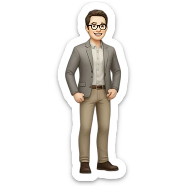 Joyful Full height Pale skinned Fit Man With dark brown hair in gray jacket, beige office shirt, Brown pants and vintage glasses. His thrumbs up sticker