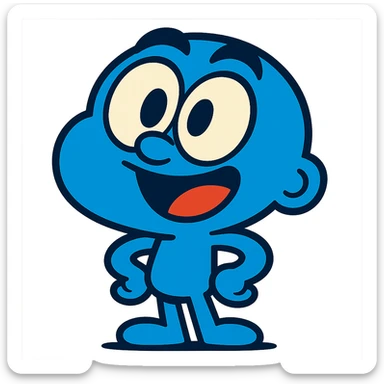 animated blue character with exaggerated head and expressive eyes, cartoon style sticker