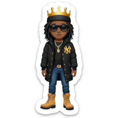African American man with shoulder length black dreadlocks and black sunglasses wearing a black New York Yankees baseball hat wearing a black bubble winter coat with denim skinny jeans and timberland boots wearing a crown sticker