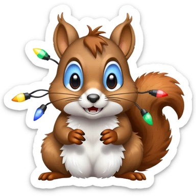 deranged squirrel covered in Christmas lights with snow on his face sticker