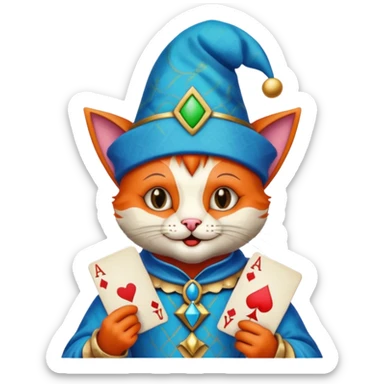 crazy colorful cute little cat jolly joker from poker, medieval, vintage, court jester, mac os icon, blue color, holds an ace poker card (clearly detailed and precise) sticker