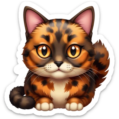 Cinematic Cute Tortoiseshell Cat Portrait Emoji, Head cocked sweetly with bright, curious eyes and a cuddly, mottled fur of rich browns and blacks, simplified yet charmingly adorable, highly detailed, glowing with a warm, gentle radiance, high shine, playful and endearing, styled with a dash of whimsical feline magic, soft glowing outline, capturing the essence of a cute tortoiseshell cat that seems ready to pounce with affectionate mischief! sticker