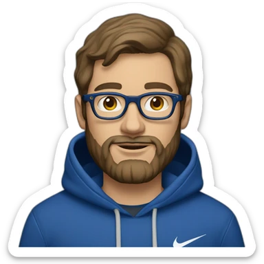 Brown hair white man with a beard and round glasses typing on apple computer wearing a dark blue nike hoodie sticker