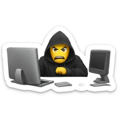 A angry Developer with a black hood behind his computer and taping on his keyboard sticker