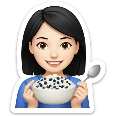 A white girl with black hair eating cottage cheese sticker