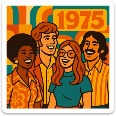four people looking happy, inspired by the year 1975, retro fashion and hairstyles, vibrant and joyful atmosphere sticker