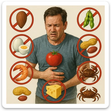 A 40-year-old man suffering from food intolerances, inspired by the reference image, showing symptoms of illness after eating, surrounded by symbols of forbidden foods. Realistic or illustrative style with a neutral background. sticker