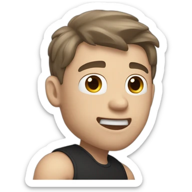 amazed Open with surprise mouth Pale skinned Fit Man With the biceps and dark brown hair in black shirt, gray sports shorts and white Sneakers sticker