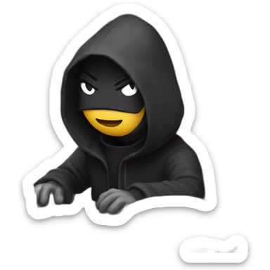 Developer with a black hood behind his computer and focus on his code  sticker