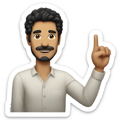 Man with black hair with a side part with a bushy mustache raising their hand really high sticker
