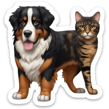 A Bernese dog next to A tortoiseshell cat without white sticker