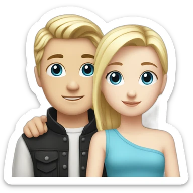 blond white girl with blue eyes hug white boy with black hair with pony-tail sticker