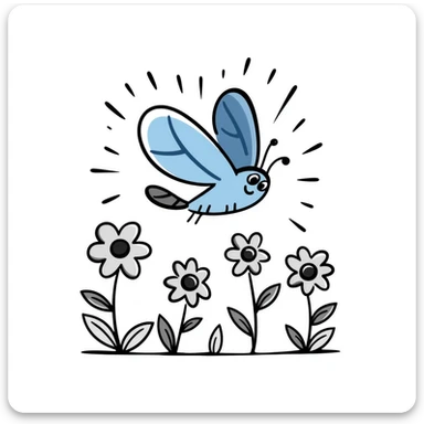 Blue butterfly with a cheerful smile flying around spring flowers and sunshine sticker
