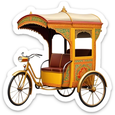 Cyclo rickshaw – Cinematic Realistic Cyclo Rickshaw, depicted as a charming, ornately painted three-wheeled cycle taxi with vintage detailing, set on bustling city streets under dynamic urban lighting that evokes cultural heritage and nostalgic charm. sticker