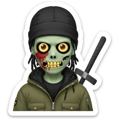 a zombie emoji with black dreads and a black carheartt jacket and black nike ski mask on his head sticker