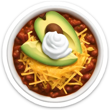 Bowl of chili with shredded cheese, dollop of sour cream and diced avocado on top  sticker
