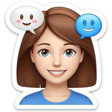 a smiling woman with a speech bubble above her head, emoji style sticker