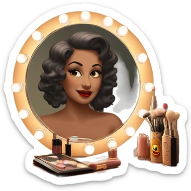 Old fashioned wood vanity with vintage makeup with moviestar mirror with old lights around the mirror  sticker