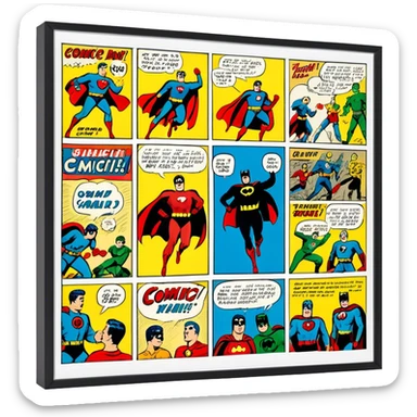 Icon for Vintage American Comics: an open comic book with classic 1940s-1950s American comic art, featuring superheroes in bold, bright colors, with action panels and exaggerated speech bubbles. The icon should represent the nostalgic style of vintage comics. Transparent background. sticker
