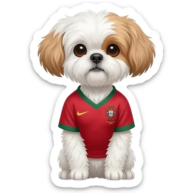 white and light brown shih zhu wearing a Portugal soccer jersey v neck 2026 work cup sticker