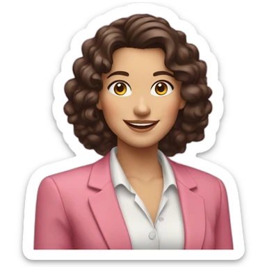 Caucasian Woman with long dark brown hair with loose curls, pretty smile, dressed with a pink blazer sticker