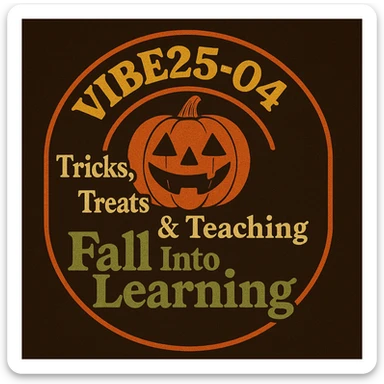 Create a logo that encompasses a retro 80's feel, nostalgic, ALSO RETRO.  Add the words "VIBE25-04: Tricks, Treats & Teaching: Fall Into Learning" sticker