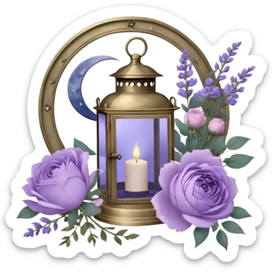 Under the soft light of a vintage brass lantern, a small bundle of lilac roses, indigo peonies, and delicate lavender sprigs is tied with a lace ribbon in a muted violet hue. Above, the sky is scattered with tiny silver stars, reflecting gently in the antique hand mirror with a moon-shaped handle beside the bouquet. sticker