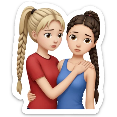 Comforting Hug two white skin women, one shorter woman with medium brown simple top ponytail, not braided, and one taller skinny sad face woman with a single long black side braid sticker