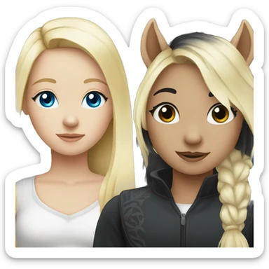 blonde girl with blue eyes and her black horse with black mane sticker