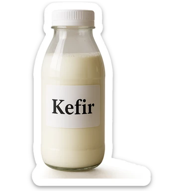 photo realistic transparent bottle of kefir with the label 'Kefir' in Italian sticker