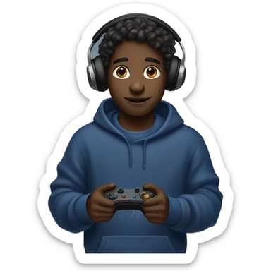 A black boy with long locks holding a game controller. He is wearing and indigo sweater and headphones. sticker