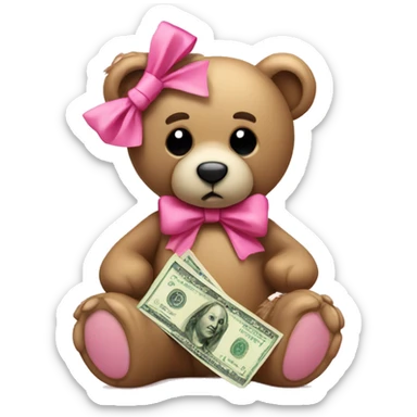 Sad teddy bear with pink bow holding money sticker