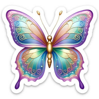 Pastel sparkly glittery iridescent rainbow transparent butterfly with detailed intricate patterns sticker