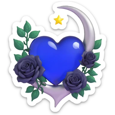 mysterious gothic heart, midnight blue glass, silver crescent moon, black roses embellishing the heart, rich and elegant sticker