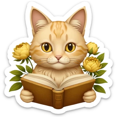 Beige Cat reading book + yellow pion sticker