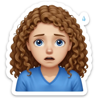 white young curly long hair girl, brown hair, with a blue shirt, in despair crying sticker