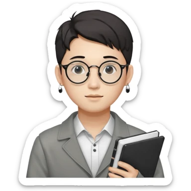 korean male guy 20s wearing an apnotebook, wearing radio earrings, round glasses, achromatic clothes, and achromatic clothes. sticker