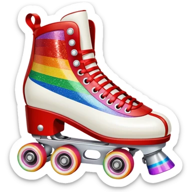 red vintage glitter roller skate with a white leather boot, rainbow stripes glitter sticker