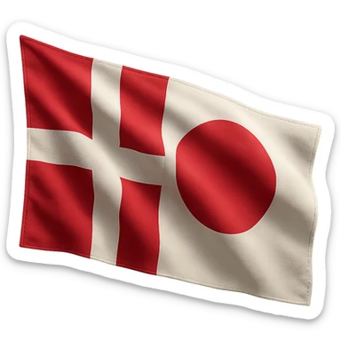 photo-realistic hybrid of Denmark and Japan flags with visible stitching, waving in the wind, no background sticker
