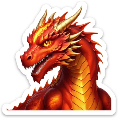 cinematic-noble-fierce-fire-dragon-portrait-emoji,-poised-and-imposing,-with-a-muscular,-scaled-body-ablaze-in-fiery-hues-of-crimson,-molten-orange,-and-molten-gold,-and-intense,-burning-eyes-that-mirror-the-heart-of-a-volcano;-rendered in detail sticker