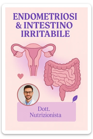 Vertical editorial-style carousel slide inspired by the provided image, main color harmonious warm violet #7C3AED with soft blush pink background #F8E1E7, title 'ENDOMETRIOSI & INTESTINO IRRITABILE' in bold violet with subtle lilac shadow, anatomical illustrations of uterus and intestines centered with gentle pink or lilac glow behind them, circular badge at bottom left with professional male nutritionist's photo bordered in rose gold #D4A5A5, name and title in lilac box, small accent icons heart or leaf in rose gold and violet, overall mood professional welcoming visually balanced harmonized color palette sticker