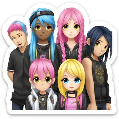 Blue eyed long eye lashes pout blonde and pink hair pale hime gyaru girl, hot pink and yellow split-dyed hair, nose ring, elf ears, dark makeup, punk clothes standing next to three diffrent men praying on their knees sticker