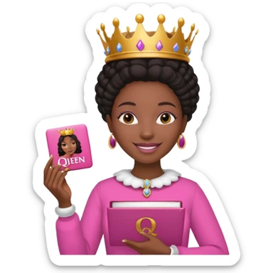 Crear una reina morena clara con ropa rosa sosteniendo la palabra Queen en sus manos sticker