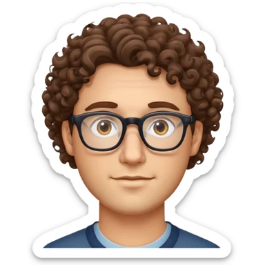 Man with glasses, curly brow hair, white sticker