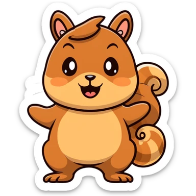 Cartoon squirrel with light brown fur, pointy ears, bushy tail, chubby cheeks with a large puddle of drool dripping from wide open mouth, extremely hungry sticker